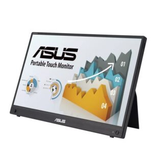 ASUS ZenScreen Touch MB16AMTR – מסך נייד 15.6" FHD עם מגע 10 נק’, סוללה מובנית, USB-C ו-Mini HDMI, מעמד אינטגרלי ותמיכה במכשירים ניידים וקונסולות.